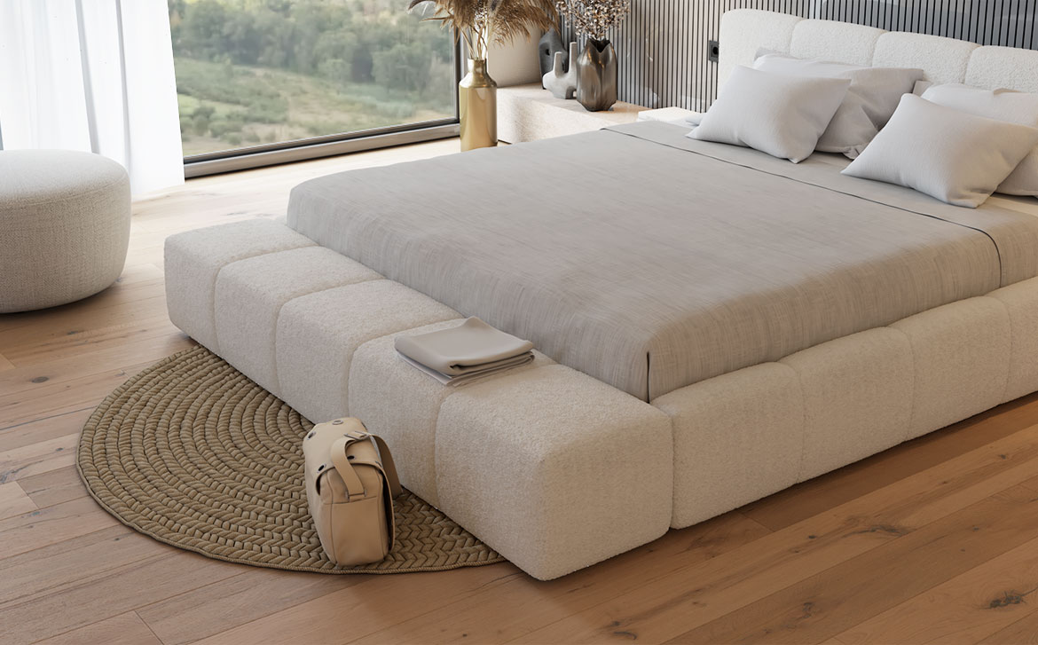 Letto AURA in tessuto bianco letto, tessuto bianco, morbido e arrotondato