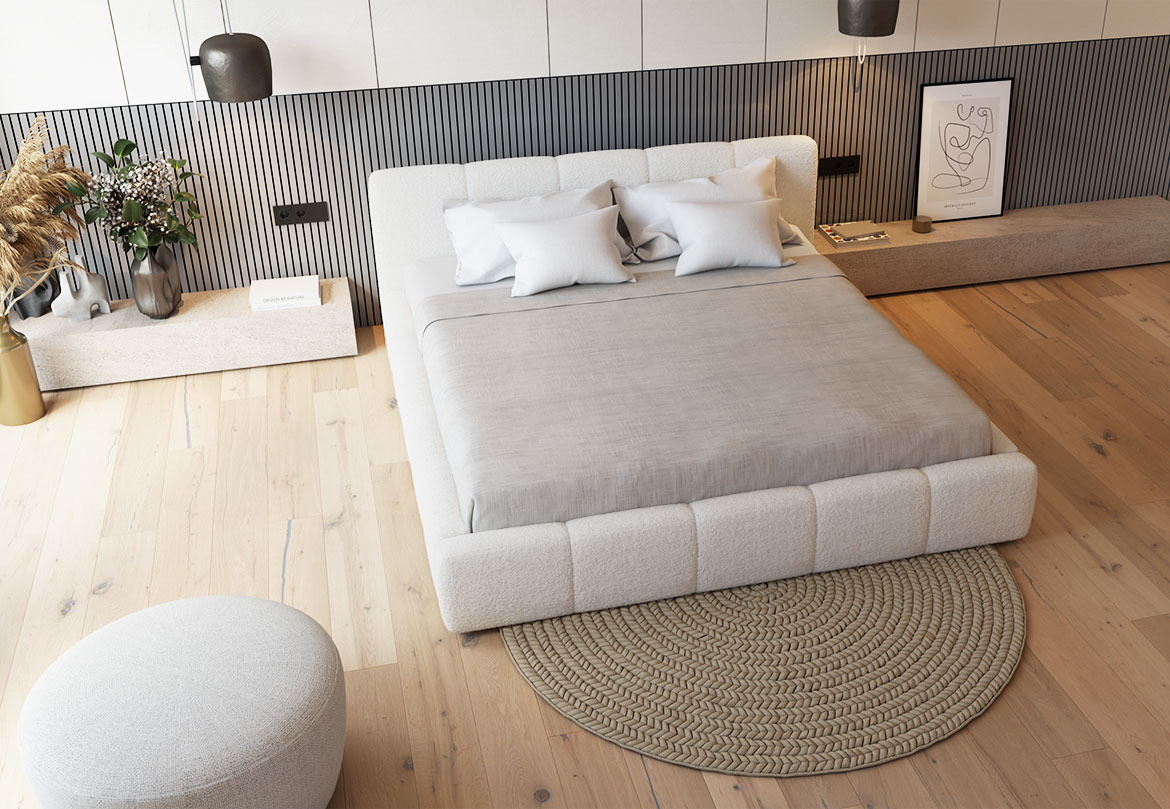 Letto AURA in tessuto bianco letto, tessuto bianco, morbido e arrotondato