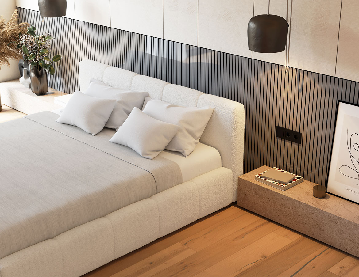 Letto AURA in tessuto bianco letto, tessuto bianco, morbido e arrotondato